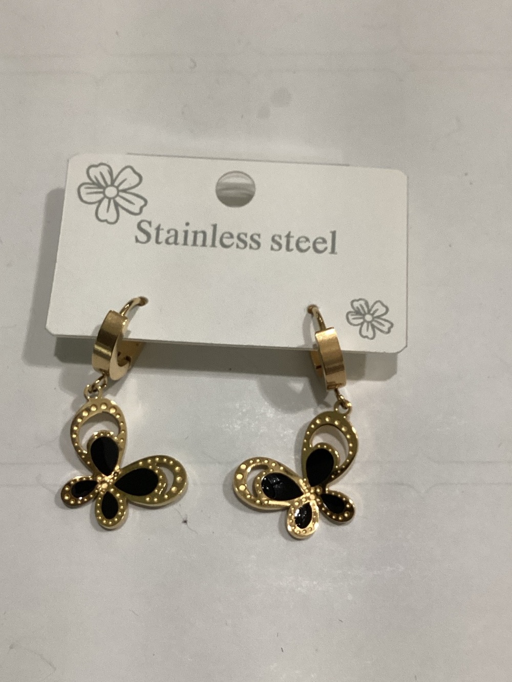 Stainless Steel Gold & Black Butterfly Dangle Earrings